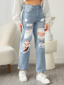 SHEIN Thiếu niên cô gái Đau khổ Quần legging thẳng - Rửa nhẹ - Xem 4