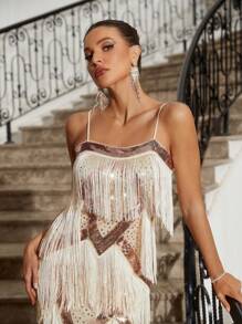 SHEIN Belle Ladies' Sequined Patchwork Tassel Spaghetti Strap Cocktail Dress - Gold - View 5