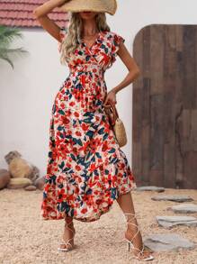 Breezaya 花朵印花腰部收腰连衣裙 长款度假海滩装 女款 - 彩色 - 查看 5