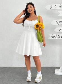 SHEIN EZwear 白色纯色针织提花喇叭下摆吊带连衣裙，春夏 - 白色 - 查看 7