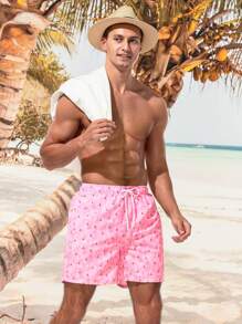 Surfspeed Men's Sailboat Printed Drawstring Waist Beach Shorts - Pink - View 4