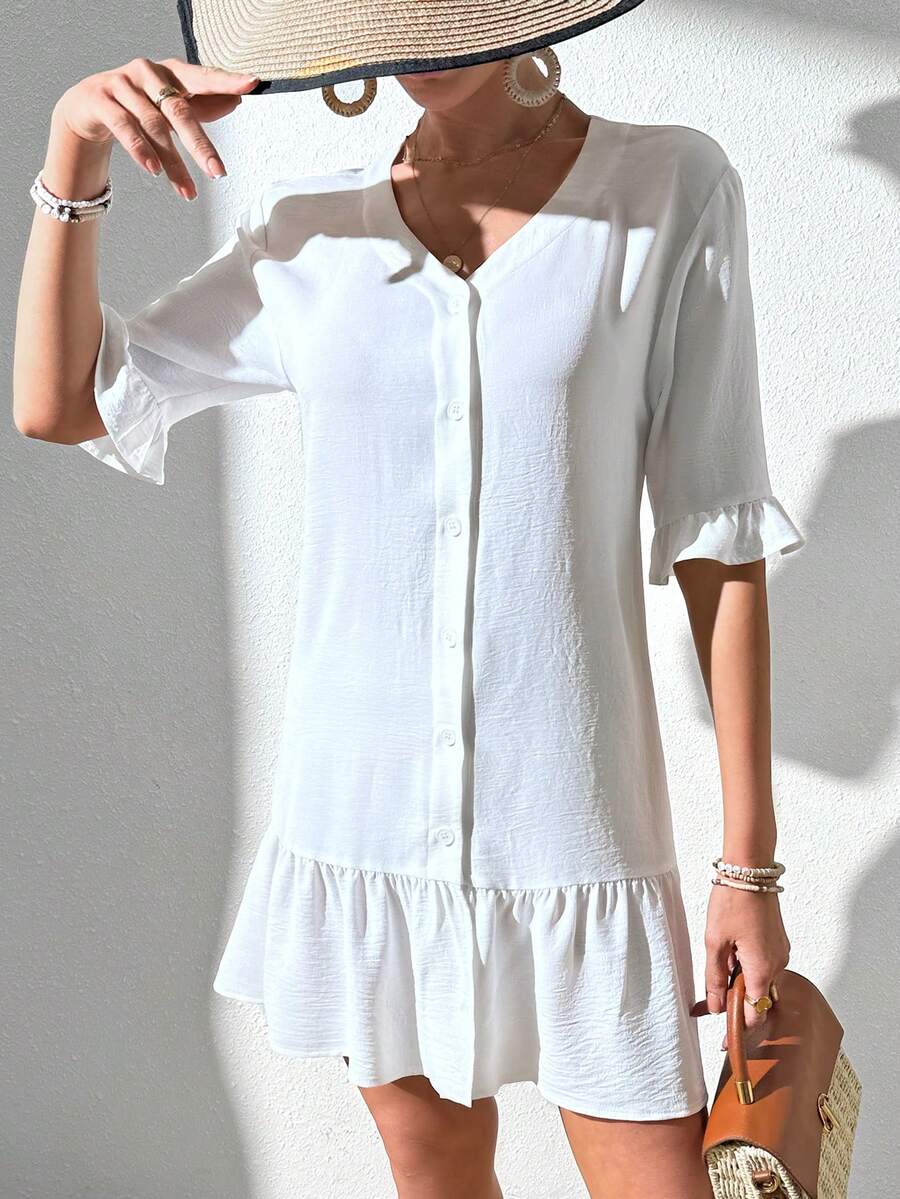 SHEIN VCAY 女式荷葉邊單排釦前衣領上衣 - 白色 - 查看 1