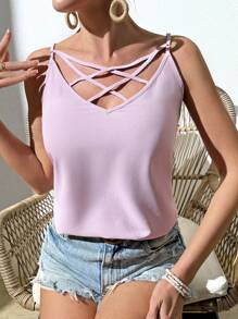 SHEIN Essnce Women's Solid Color Criss-Cross Strap Tank Top - Dusty Pink - View 6
