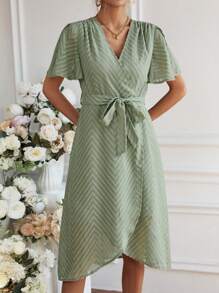 SHEIN Clasi Women's Solid Color V-Neck Split Sleeve Dress - Green - View 3