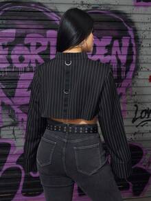 Grunge Punk Women's Plus Size Super Cropped Striped Jacket With Metal Button - Black - View 2