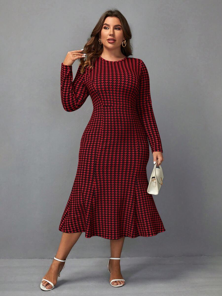 SHEIN Clasi Kích thước lớn Chic Đồ họa Houndstooth Tay áo dài Đan Đầm - Nhiều màu - Xem 1