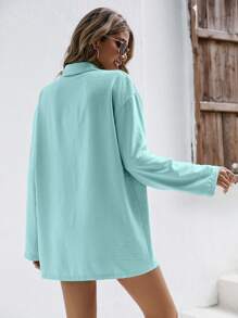 SHEIN Frenchy Camisa de lino de hombro caído y pantalón corto de lino - Conjunto de tela de lino, ropa de vuelta al colegio para otoño, ropa de mujer estilo "Viejo dinero", atuendos de maestra, ropa de negocios para mujer, camisas de maestra - verde menta - Ver 2