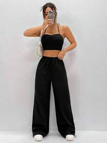 SHEIN Unity 女士純色休閒套裝 - 黑色 - 查看 4