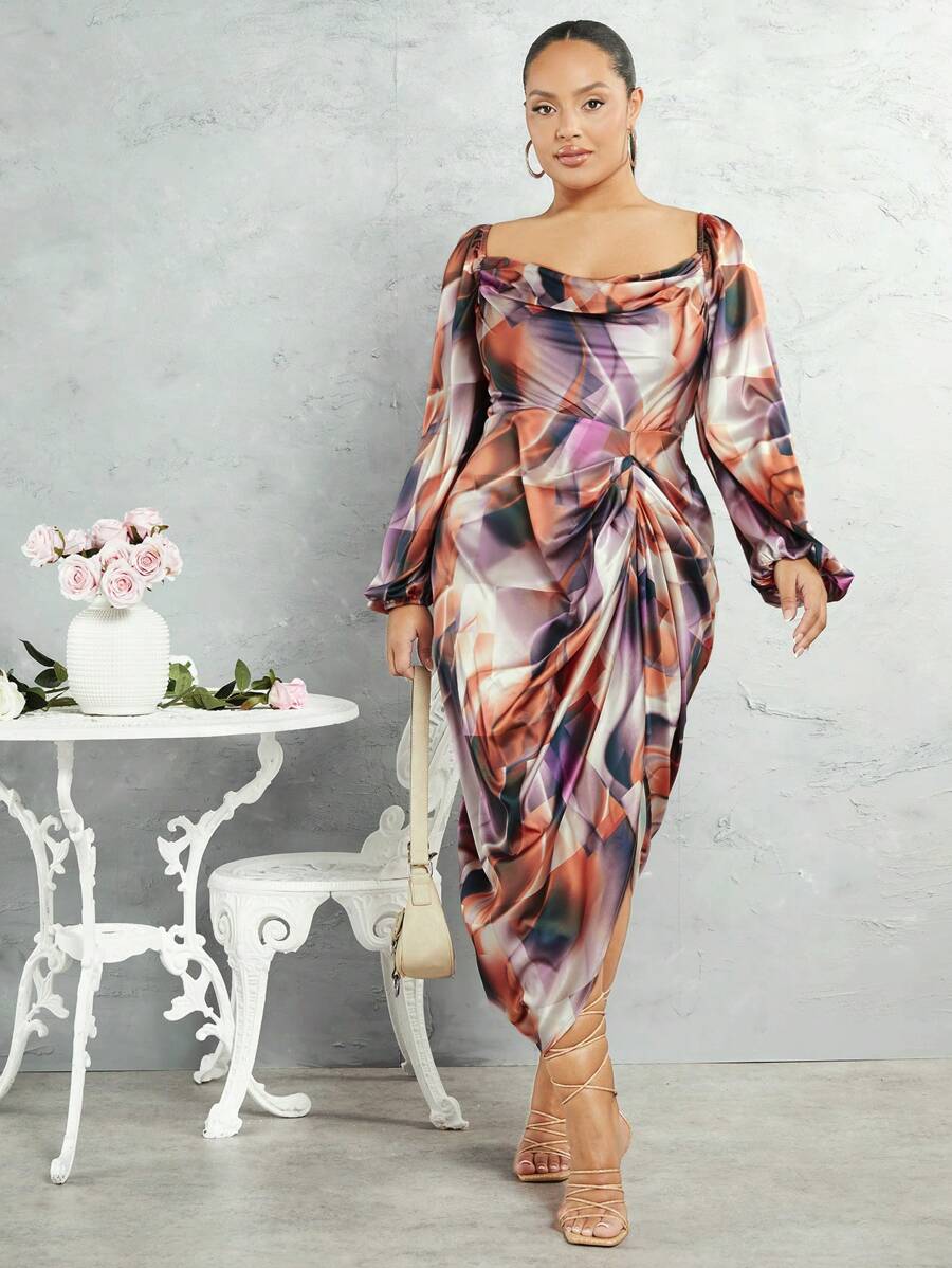 SHEIN BAE Vestido Plus Size Manga Lanterna Com Gola Drapeada E Estampa Completa Padrão - Roxo - Visão 1