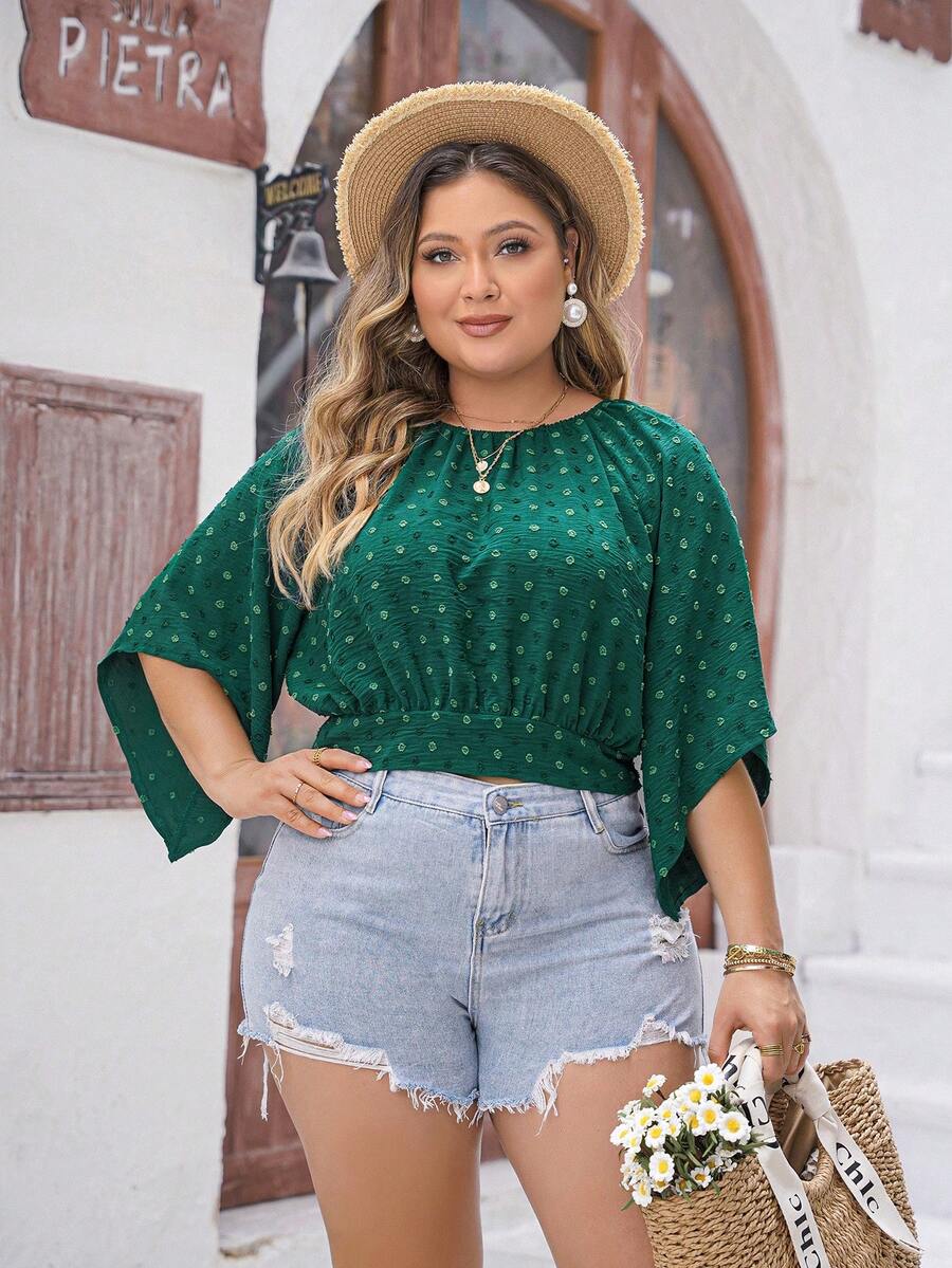 Plus Size Women's Ruffle Hem Shortened Shirt With Bell Sleeve - Green - View 1