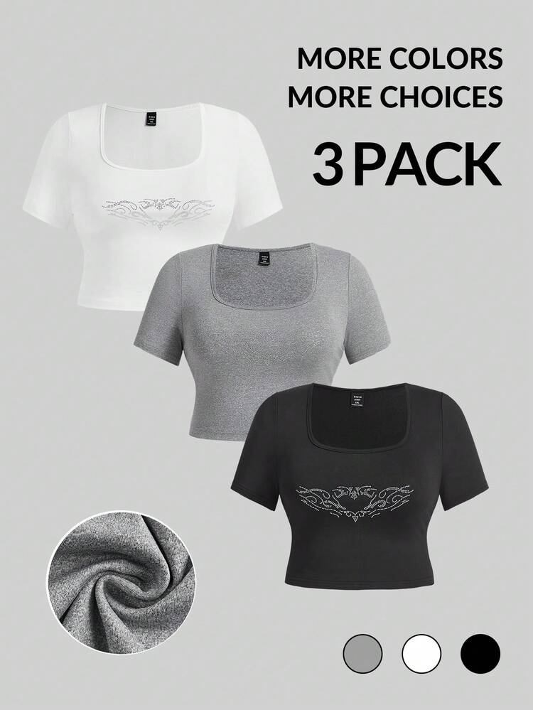 Women's Plus Size 2024 Spring/Summer Valentine's Day Heart Print Short Sleeve T-Shirt With Rhinestone Embellishment, 3pcs/Set