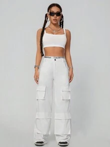 SHEIN EZwear 女士纯色多口袋宽腿宽松休闲工装裤 - 灰色 - 查看 4