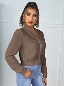 SHEIN Essnce 女式拉鍊前野球夾克 - 摩卡棕 - 查看 5