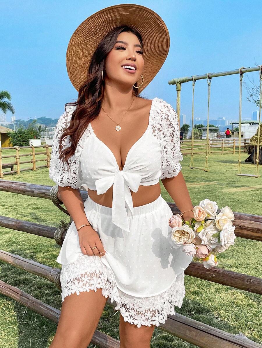 Flirla Plus Size Lace Raglan Sleeve Tie Front Jacquard Cropped Top And Skirt Set