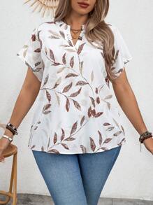 SHEIN Clasi Plus Size Plant Printed Notch Collar Blouse For Summer - White - View 3
