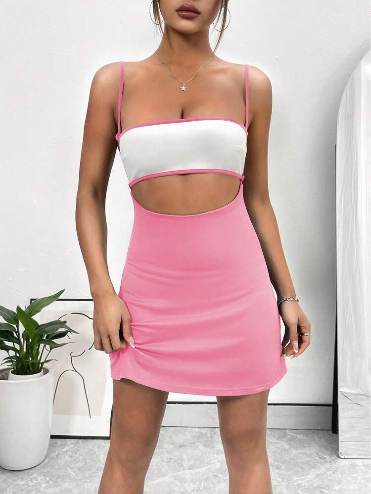 Women's Color Block Waist Hollow Cami Dress