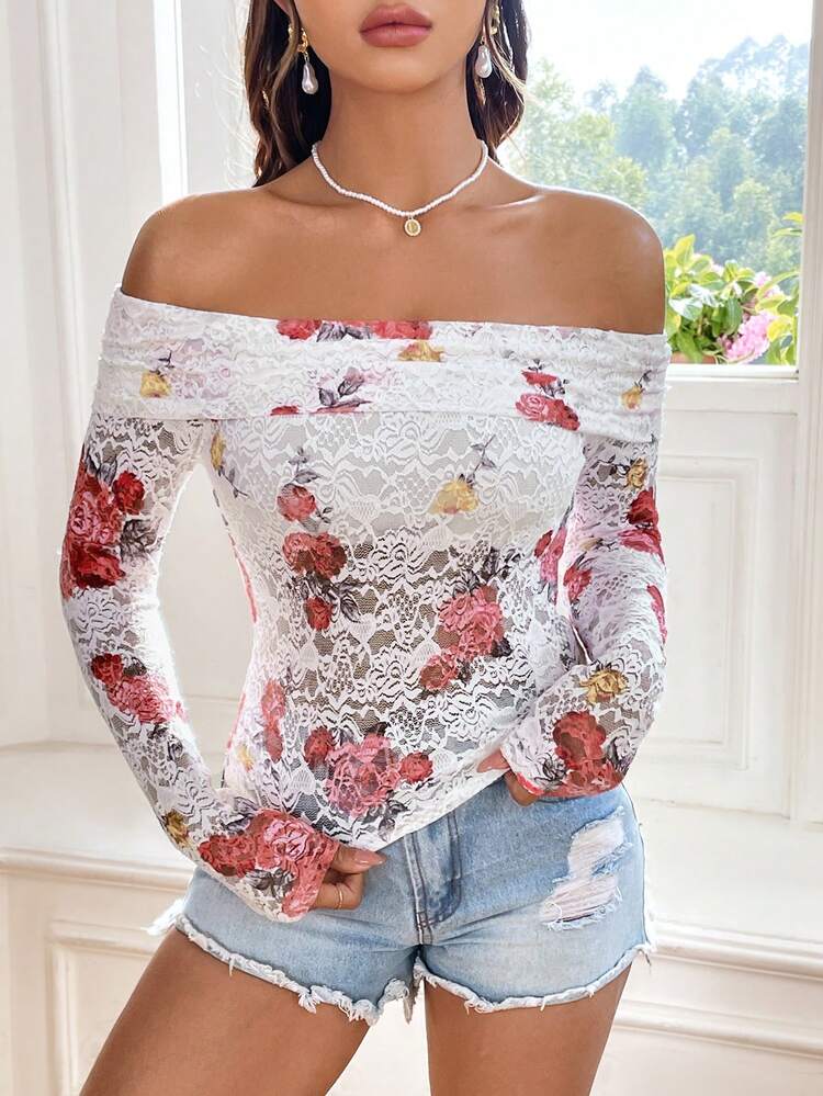 Women's Off Shoulder Long Sleeve Floral Lace Top