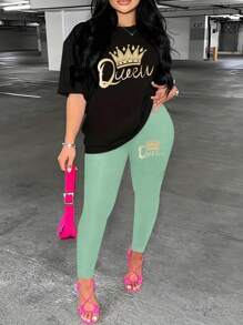 Casual Women's Fashion Versatile Letter Crown Print Short Sleeve T-Shirt And Leggings Set