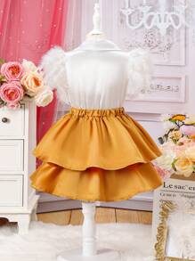 Young Girl Color Block Short Sleeve Top And Double Layer Ruffle Hem Skirt Two Pieces Set - Multicolor - View 2