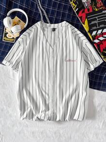 Manfinity VCAY 宽松男士大码条纹字母印花休闲短袖衬衫 - 彩色 - 查看 1