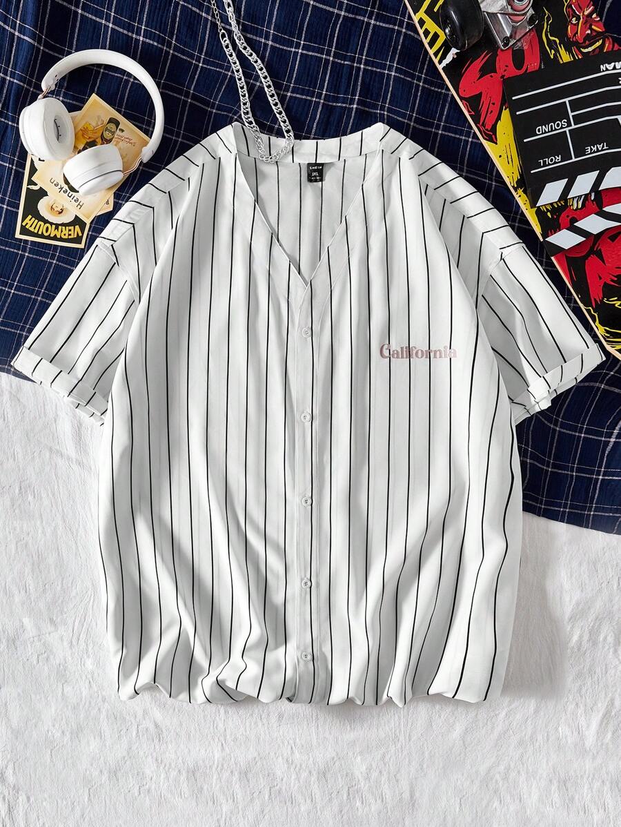 Manfinity VCAY 宽松男士大码条纹字母印花休闲短袖衬衫 - 彩色 - 查看 1