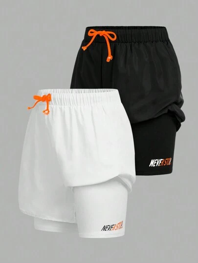 Set de 2 pantalones cortos deportivos de capa base con cintura con cordón y estampado para niño preadolescente