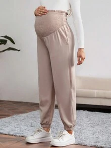 SHEIN Maternity Elastic Waist Loose Fit Casual Pants - Apricot - View 5