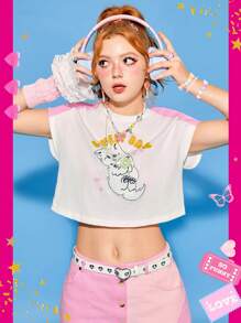 SHEINNeu Women's Cartoon Cat And Heart Printed Contrast Side Cut Crop T-Shirt - White - View 2