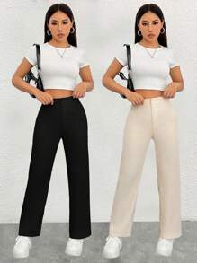 SHEIN PETITE Conjunto de dos piezas de pantalones de pierna recta de unicolor, para mujeres de talla pequeña - Multicolor - Ver 6