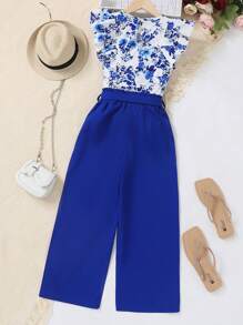 SHEIN Tween Girls' Floral Printed Ruffle Hem Cap Sleeve Top And Shorts Two Pieces Set - Blue - View 2