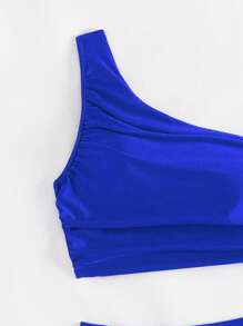 SHEIN Swim 女士純色褶皺比基尼套裝,嘉年華會 - 寶藍色 - 查看 4