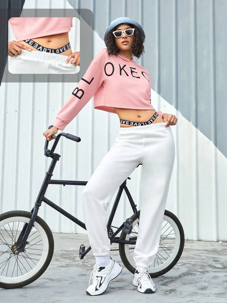 Letter Print Cropped Hoodie And Cut-Out Waist Sweatpants Track Set
