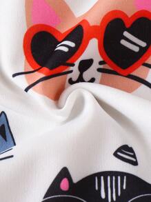 Toddler Girls' Cute Cat Print Crew Neck Long Sleeve Sweatshirt - White - View 7