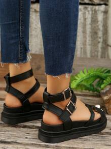 Plus Size Women Leather Buckle Thick Sole Open Toe Casual Fashion Outdoor Beach Summer Sandals - Black - View 7