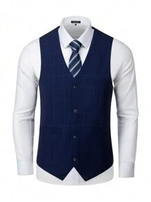 Furuyal 3pcs Men's Plaid Suit Set: Jacket, Vest, And Pants - Navy Blue - View 4