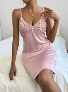 SHEIN Privé 女性閃爍裝飾的緞面背心裙 - 粉色 - 查看 3