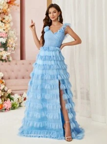 SHEIN Belle Women's 3d Floral Multi-Layer Ruffle Trim See-Through Mesh High Slit Cross-Back Strap Evening Dress - Blue - View 5