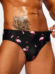 Manfinity 男士火烈鳥印花三角泳褲 - 黑色 - 查看 4