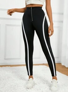 SHEIN Essnce Của phụ nữ Giải trí Màu sắc Chặn Chặt Phù hợp Quần skinny Đen Quần - Đen và trắng - Xem 1