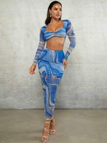 Silquee Conjunto de top corto súper escotado de cuello corazón y falda ajustado con estampado de mármol - Azul - Ver 5