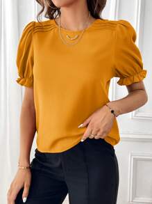 SHEIN Essnce 女圓領泡泡短袖襯衫 - 薑色 - 查看 6