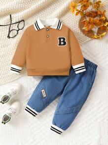 Autumn Baby Boy'S Fashionable Two-Piece Set With Turn-Down Collar Polo Shirt And Jeans - Brown - View 1