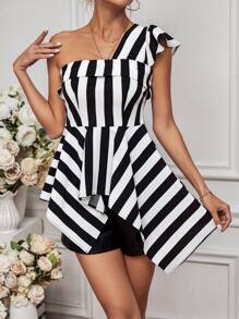 SHEIN LUNE Sọc Một  vai Áo sơ mi - Đen và trắng - Xem 1