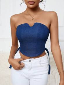 Aveloria Top Sin Tirantes De Mezclilla Para Mujer Con Flecos - Azul lavado medio - Ver 5