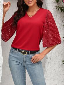 SHEIN Clasi Quý cô In Trái tim Tay áo xù Áo sơ mi - Đỏ - Xem 4