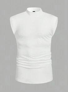 Manfinity Homme Men's Solid Color Plain Stand Collar Casual Sleeveless Tank Top With Pleats, For Going Out - White - View 5