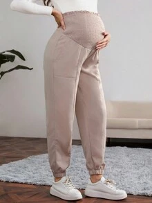 SHEIN Maternity Elastic Waist Loose Fit Casual Pants - Apricot - View 4