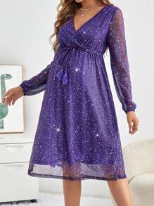 SHEIN 孕婦v領拉繩腰身連衣裙 - 紫色 - 查看 4