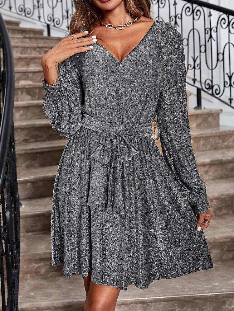 Glitter Surplice Neck Belted Dress