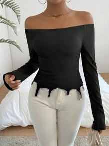 SHEIN Privé 女款熱鑽細節露肩修身長袖 T 卹 - 黑色 - 查看 1